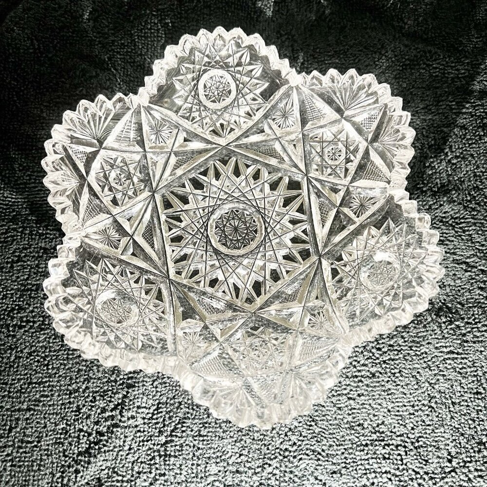 Brilliant Cut Glass Bowl Hobstar Fan Pattern Sawtooth Edge ABP Style 6 Inch